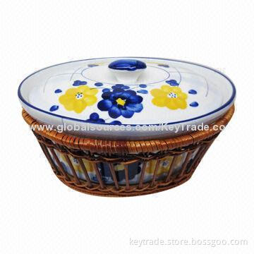 Fine Porcelain 8-11-inch Oval Tureen with Basket, Hand Paint